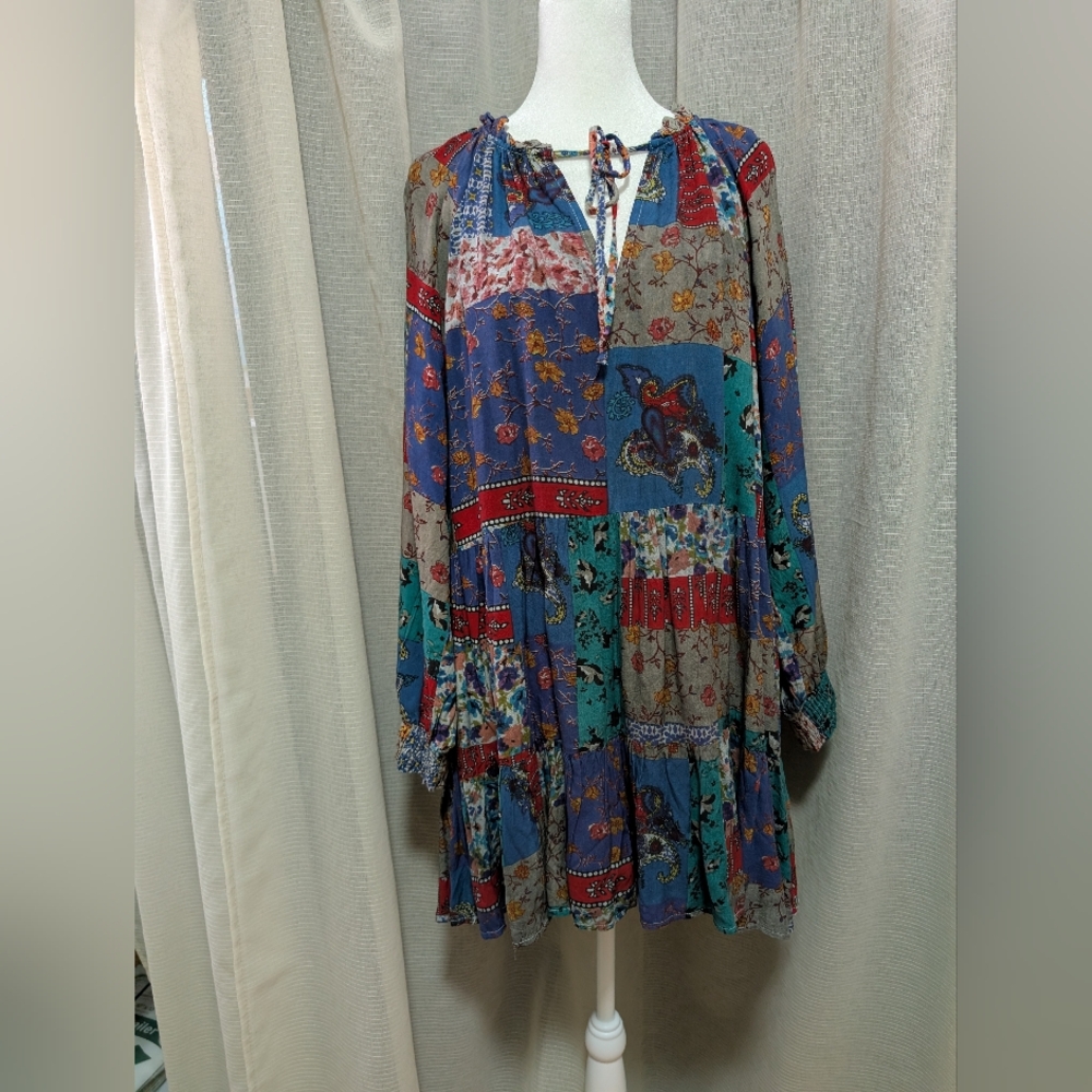 Sacred Threads Patchwork Minidress. S/M. Long Sleeve Elastic Wrist